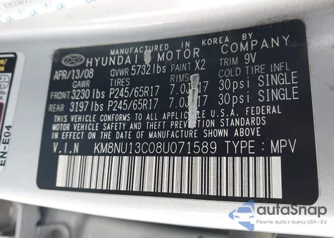 2008 Hyundai Veracruz Gls/Limited/Se из США, поврежденный, VIN KM8NU13C08U071589